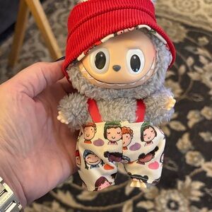 Adorable Gray Plush Lafufu Monster with Red Hat & overalls